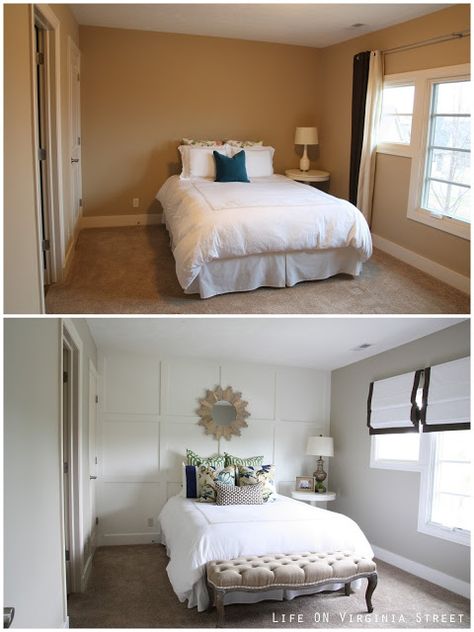 Before and After Bedroom with White Board and Batten Grid Wall Bedroom Makeover Before And After, Letto King Size, Wainscoting Styles, Small Bedroom Remodel, After Pictures, Board And Batten, Before And After Pictures, Master Bedrooms Decor, White Furniture