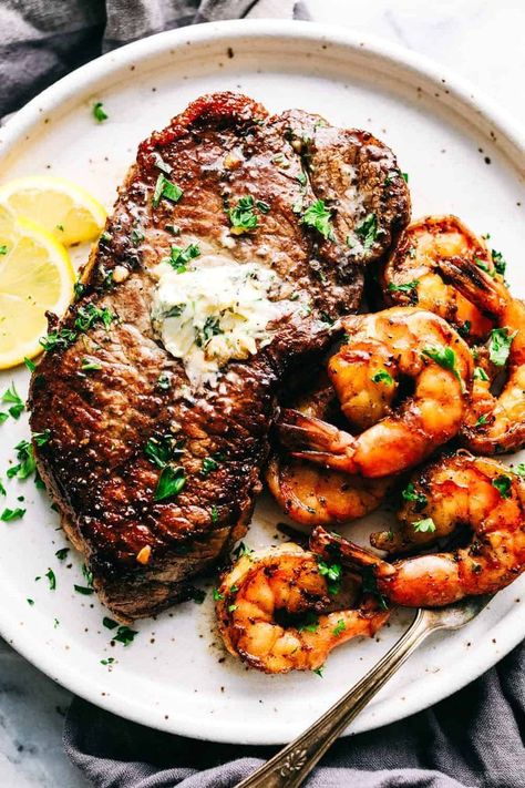 Shrimp And Steak Recipes, Ideas With Steak, Dinner Ideas With Steak, Steak And Shrimp Recipes, Shrimp Potatoes, Steak Strips, Good Steak Recipes, Seafood Dinner Recipes, Garlic Steak