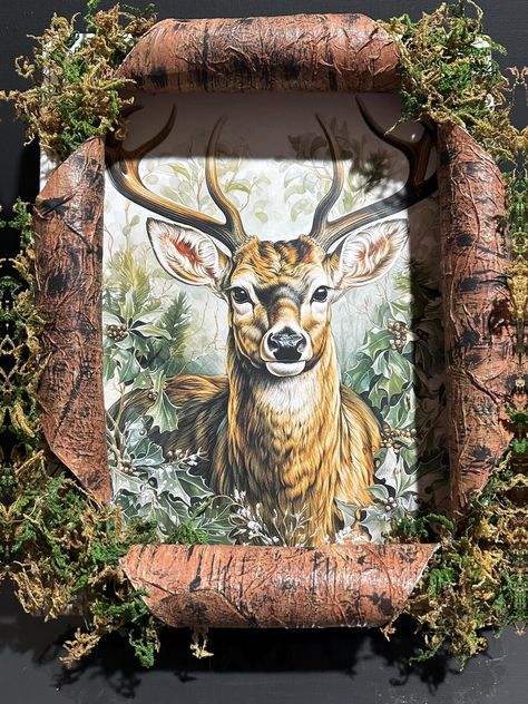 This beautiful "Busted Canvas" is 8x10 w/lights. I  features a Buck (Deer) in the woods with holly bushes. The canvas has been painted to resemble the bark from a tree with 100% natural green & brown moss. It aslo includes a back hook to hang or can stand alone. This is a perfect gift for any outdoor enthusiast, a sportsman, nature lover. This would be a perfect Christmas gift (it is right around the corner). Buck Pictures Deer, How To Make Busted Canvas Art, Busted Canvas Christmas, Christmas Busted Canvas Ideas, Christmas Busted Canvas, Ripped Canvas Art, Broken Canvas Ideas, Busted Canvas Ideas, Busted Canvas Diy