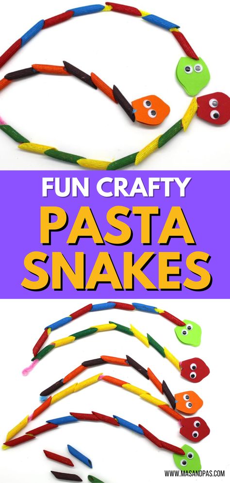 These pasta snakes are the perfect easy craft or party activity for kids! Your toddler will love turning a chain of pipe cleaners and colored pasta into a wriggly snake or necklace, and they won't even realize they're also gaining fine motor skills and learning about how patterns work with the fun and easy snake craft! #pastacrafts #snakecrafts #easykidsactivity #coloredpasta #pipecleanercrafts Snake Art For Preschoolers, Year Of The Snake Activities, The Greedy Python Activities, Snake Party Games, Year Of The Snake Craft, Chinese New Year Snake Craft, Colourful Pasta, Snake Craft, Pasta Crafts