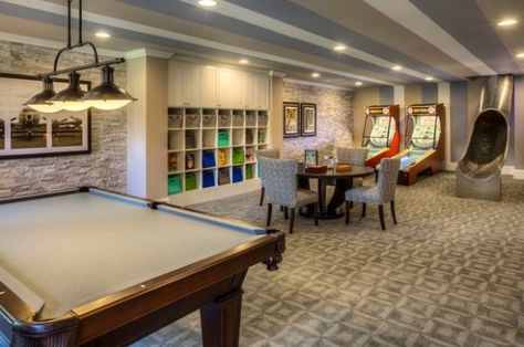 Indulge Your Playful Spirit with These Game Room Ideas Finished Basement Designs, Contemporary Basement, Basement Games, Modern Basement, Game Room Basement, Recreational Room, Home Remodeling Contractors, Video Game Rooms, Basement Design Ideas