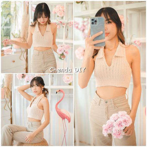 Free tutorial on my YT channel Chenda DIY Crochet Top Template, Crochet Top Collar, Chenda Diy Crochet, Crop Tops Tutorial, Diy Crochet Halter Top, Halter Top With Collar, Halter Top Tutorial, Collar Halter Top, Make Crop Top