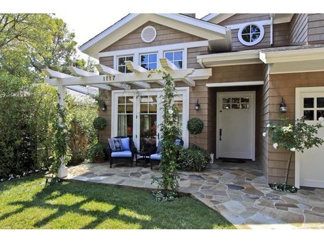 When you don't have a front porch an outdoor room can be made with a pergola extension and some pretty hardscape. Front Porch Pergola, Pergola Modern, Front Yard Patio, Pergola Diy, Porch Styles, Creek House, Backyard Walkway, Front Courtyard, Pergola Design