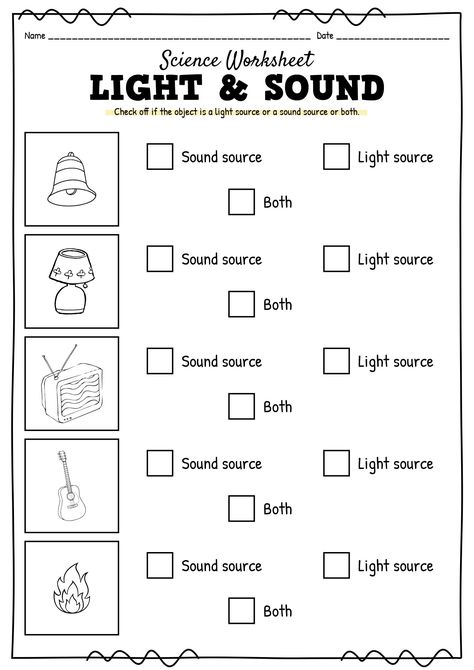 Light and Sound Science Worksheet First Grade Year 1 Science Worksheets, First Grade Worksheets Science, First Grade Science Activities, Worksheets For Grade 1 Science, Grade One Science Worksheets, Light And Sound Grade 4, 1st Grade Science Activities, Sound Worksheets Science Grade 1, Worksheet Science For Kindergarten