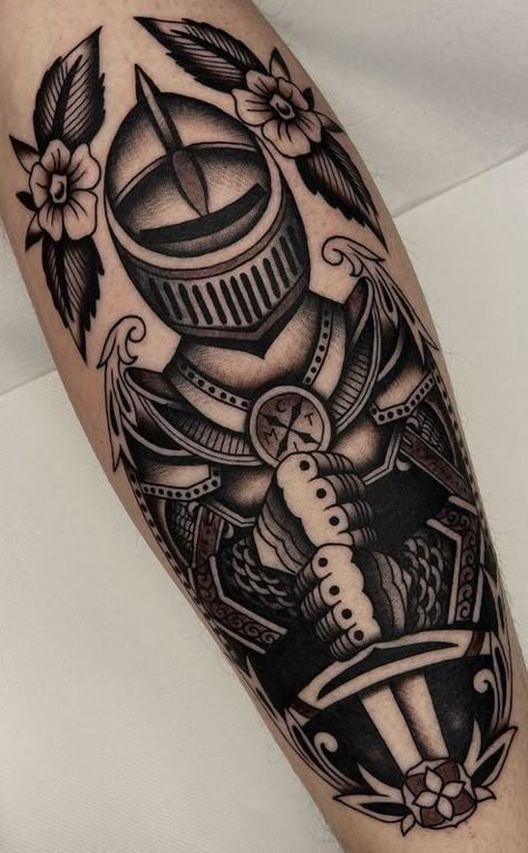 Millwright Tattoo, American Traditional Tricep Tattoo, Traditional Celtic Tattoos, American Trad Black And Grey, Traditional Shield Tattoo, Knight Tattoo Warriors, Knight Tattoo Traditional, American Traditional Knight Tattoo, Leg Tattoos Traditional