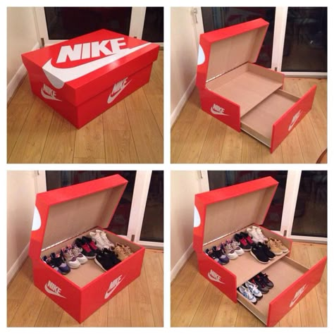 Nike Shoebox Storage, Nike Shoe Boxes, Nike Shoe Box Wall, Jordan Shoe Box Storage Plans, Rak Sepatu Diy, Large Nike Shoe Box Storage, Big Shoe Box, Nike Shoe Box, Sneaker Storage Box