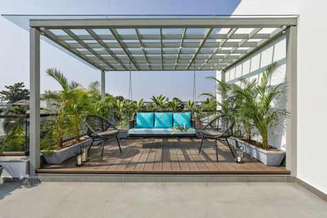 Modern House Strikes A Balance Between Solidity And Transparency | TRAANSPACE - The Architects Diary Metal Gazebo, Window Seat Design, Terrace Floor, Dream Frame, Attic Bedroom Designs, Rooftop Terrace Design, Box House, Box Houses, Terrace Design