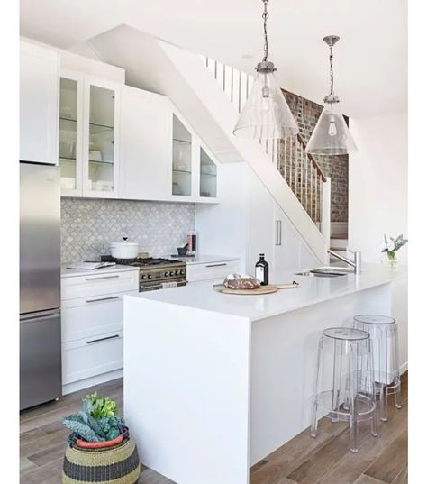 Kitchen Beside Stairs, Stairs Above Kitchen, Stairs In Kitchen Ideas, Stairs Over Kitchen, Stairs In The Kitchen Ideas, Kitchen Island Under Stairs, Kitchen By Stairs, Stairs To Kitchen, Kitchen Ideas Under Stairs