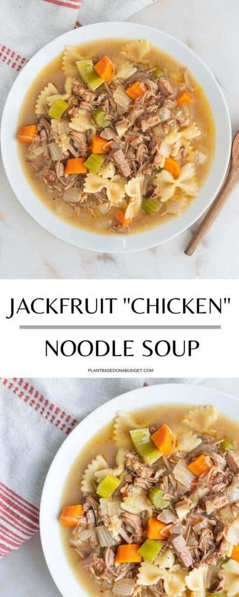 Chicken Noodle Soup Noodles, Jackfruit Chicken, Vegan Chicken Noodle Soup, Soup With Noodles, Vegan Jackfruit, Jack Fruit, Soup Noodles, Jackfruit Recipes, Fruit Soup