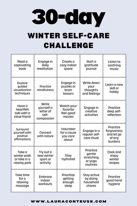 Looking for a winter self-care list? This blog post offers ways to practice self-care this winter with a full winter self-care checklist. Explore January self-care ideas and February self-care activities to stay refreshed. Try 30-day challenges and 30-day self-care challenge ideas to focus on your well-being. Create your own monthly self-care routine and discover a winter self-care bucket list to make the most of the season. Find monthly challenge ideas to keep you motivated! 30 Day Witchy Challenge, 31 Days Of Self Care, List Of Self Care Activities, January Self Care Calendar, January Self Care Challenge, Monthly Challenge Ideas 30 Day, January Self Care, Monthly Challenge Ideas, January Bucket List