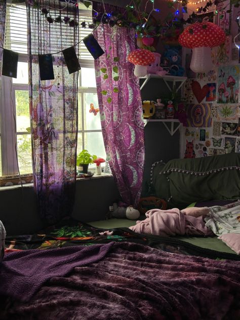 My Aesthetic Room, Green And Purple Room Bedrooms, Room Decor Cluttercore, Bedroom Inspirations Colourful, Gremlincore Bedroom, Whismgothic Bedroom, Wimsey Goth Style Bedroom, Green Purple Room, Whimsigoth Dorm