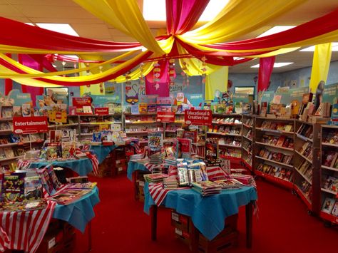 Circus themed book fair! Circus Book Fair Theme, Carnival Theme Book Fair, Scholastic Book Fair Themes 2022, Carnival Book Fair, Circus Book Fair, Book Fair Theme Ideas, Scholastic Book Fair Themes, Book Fair Decorations, Book Fair Themes