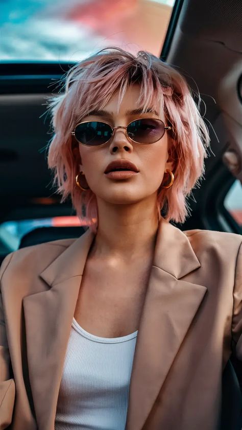 Short Shaggy Womens Haircuts, Bangs With Shaved Sides, Shaggy Hair Women, Pink Shag Hair, Wolf Cut Bob, Shag Pixie Cut, Edgy Shag Haircut, Edgy Haircuts For Women, Wolf Shag