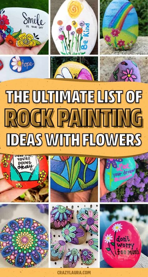 If you're looking for some new rock painting inspiration, check out these super colorful and creative flower theme painted rock ideas to get started decorating your own rocks! Rock Painting Ideas Easy Inspirational, Painted Rock Ideas Creative, Painting Rocks For The Garden, Painted Rock Ideas For Garden, Painting Rock Ideas Easy, Best Rock Painting Ideas, Rock Painting Art Inspiration, Coloring Rocks Ideas, Painting On Rocks Ideas Simple