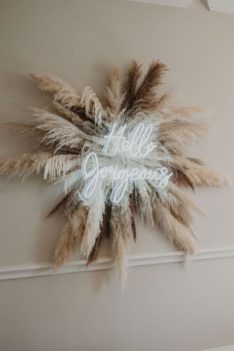 "Hello Gorgeous" Neon Sign with Pampas Grass Wall – Chic Wedding Decor 💡✨ Big Letters Wedding Decor, Pampas Grass Wall Decor With Neon Sign, Pampas Grass Wall Arrangement, Pampas Grass Wall Decor, Pampas Grass Wall, Hello Gorgeous Neon Sign, Salon Aesthetic, Chic Wedding Decor, Beauty Careers