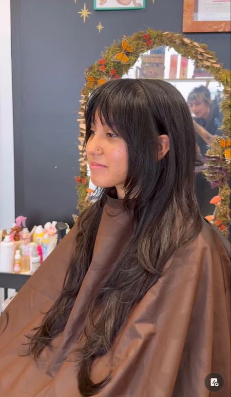 Queer Haircut Long Hair, Long Hair With Soft Bangs, Long Queer Haircuts, Queer Haircuts Long, Razor Bangs, Soft Shag Haircut Long, Razor Cut Bangs, Queer Haircut, Raven Hair