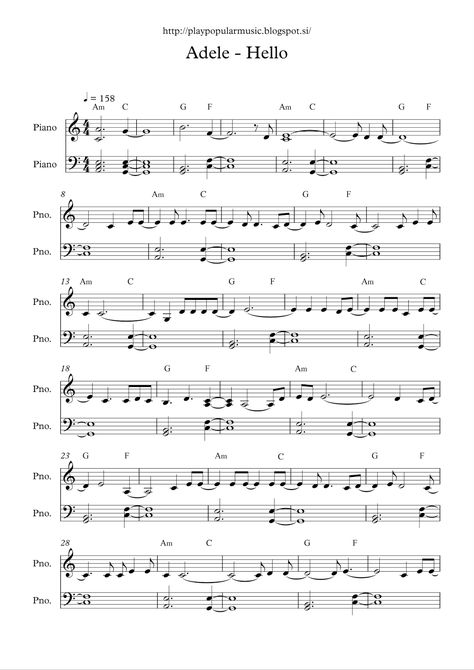 Free Piano Sheet Music Printables Popular Songs, Hello Adele, Popular Piano Sheet Music, Piano Songs Sheet Music, Keyboard Sheet Music, Piano Sheet Music Letters, Adele Hello, Easy Sheet Music, Piano Notes Songs