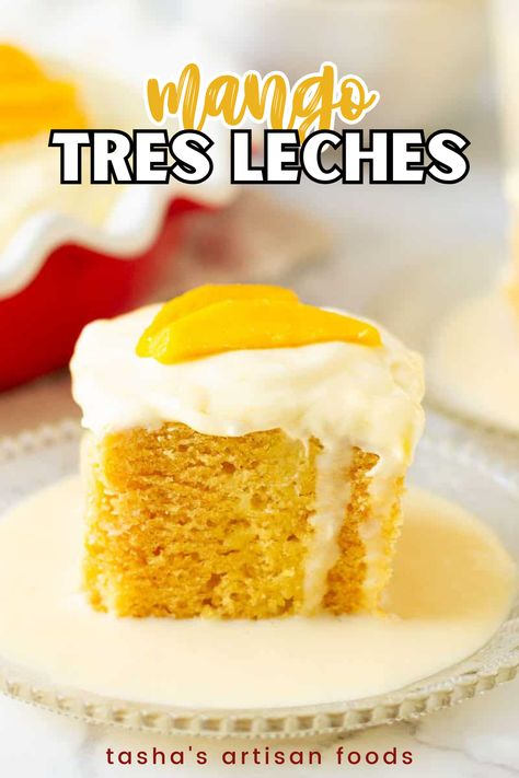 a slice of mango tres leches cake on a glass plate Tres Leches With Fruit, Mango Tres Leches Cake Recipe, Mango Puree Recipe Desserts, Tres Leches Cake With Fruit, Mango Tres Leches Cake, Mango Tres Leches, Easy Mango Recipes, Mango Cake Recipe, Tres Leches Recipe