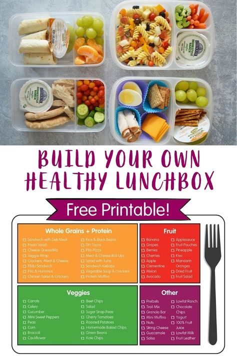 Get your kids to help pack lunches with this free Build Your Own Healthy Lunchbox printable. Mix and match your favorites for a healthy lunch! Ideas for protein, whole grains, fruit and veggies. Healthy Lunchbox Snacks, Pack Lunches, Non Sandwich Lunches, Kids Packed Lunch, Fruit And Veggies, Protein Lunch, Healthy Lunches For Kids, Cold Lunches, Healthy Lunch Ideas