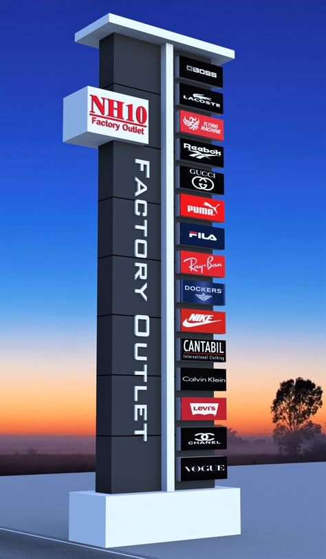 #Modern_Elevation #Front_Elevation #Factory_Outlet Tower Signage Design, Pylon Design Ideas, Exterior Signage Entrance, Signboard Design, Monument Signage, Pylon Signage, Building Signage, Modern Elevation, Garage Design Interior