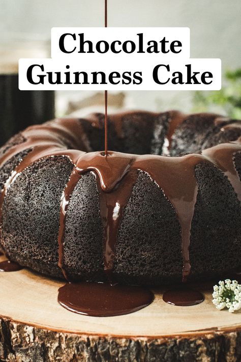 Chocolate Guinness cake with chocolate ganache pouring on top. Guinness Chocolate Cake, Chocolate Guinness Cake, Guinness Chocolate, Cake With Chocolate Ganache, Guinness Cake, Irish Soda Bread Recipe, Chocolate Bundt, Boozy Desserts, Chocolate Bundt Cake