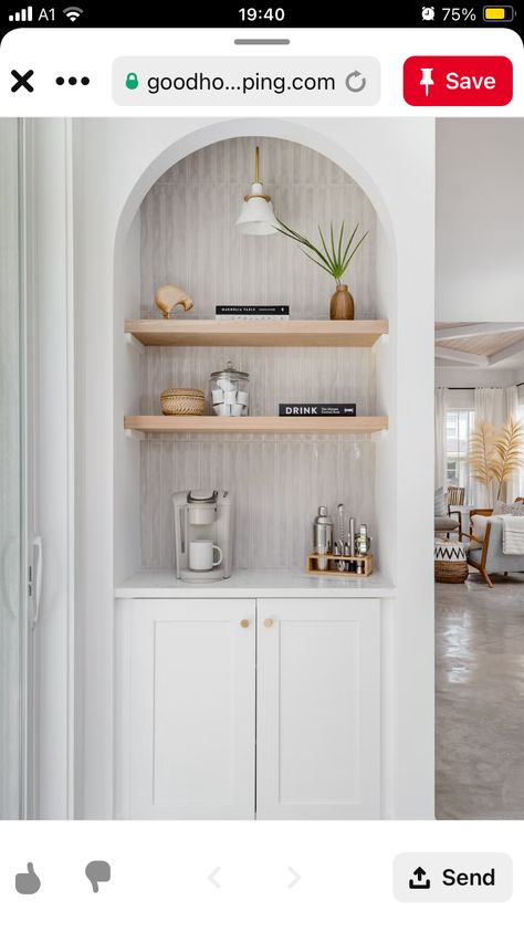 Coffee Nook Corner, Coffee Bar With Drawers, Pantry Closet Coffee Bar, Coffee Station With Shelves, Pantry To Coffee Bar, Kitchen Built In Coffee Bar, Small Drink Station, Small Kitchen Breakfast Bar Ideas, Built In Coffee Bar Ideas