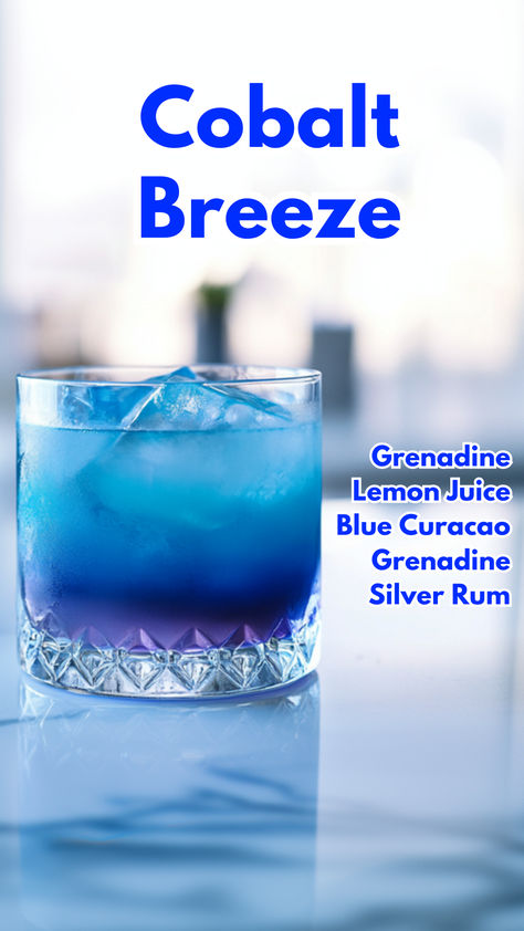 Cobalt Breeze Blue Caraco Drinks, Blue Cocktail Drinks, Blue Curacao Drinks, Dark Rum Cocktails, Cocktails Made With Rum, Cocktail Cards, Blue Curacao Liqueur, Bartender Drinks Recipes, Cocktail Ideas