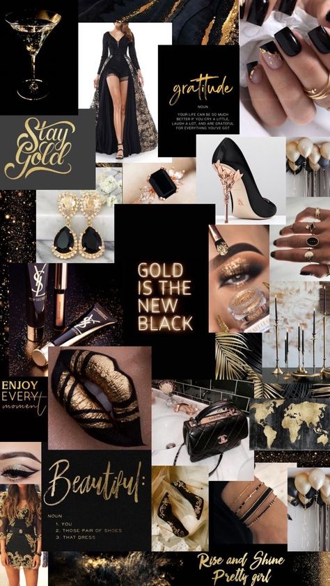 Black White Gold Asthetics, Black And Gold Collage Wallpaper, Black White Gold Mood Board, Black Glam Aesthetic, Black And Gold Asthetics, Black And Gold Mood Board, Black And Gold Aesthetic Fashion, Black Gold Moodboard, Theme Board Fashion Inspiration