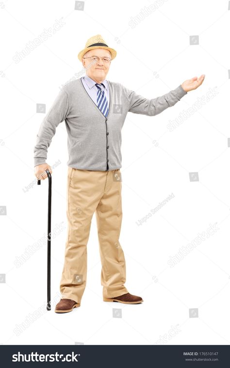 Full length portrait of an old man with cane gesturing with hand isolated on white background Hand Holding Cane Reference, Holding Cane Pose Reference, Special Promotion, Model Release, Old Men, Strike A Pose, New Pictures, Royalty Free Photos, Pose Reference