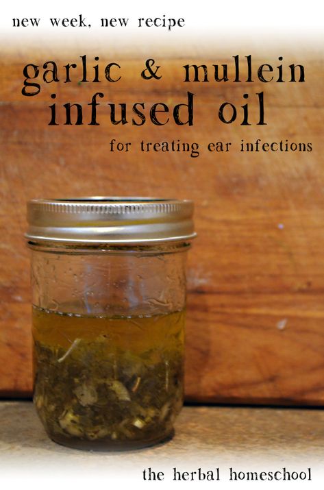 a recipe for making garlic & mullein oil to treat ear infections Garlic Ear Drops, Garlic Oil For Ears, Mullein Oil, Garlic Oil Recipe, Ear Oil, Herbal Vinegar, Herbal Medicine Recipes, Herbal Remedies Recipes, Ear Infections