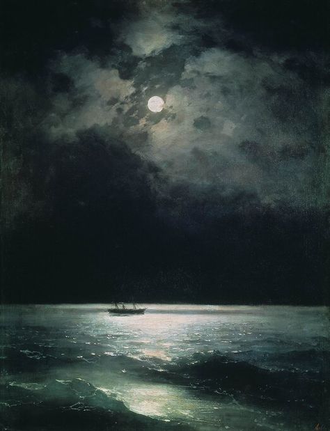 The Devil walked alone to the edge of the cliff, and stood there looking out over the sea, the great night sea, the most mysterious thing in the world.  ('Up Jumps the Devil,' Michael Poore, Ecco Press www.mikepoorehome... ) Sea At Night, Ivan Aivazovsky, Art Amour, Indigo Chapters, Moonlit Sky, Wow Art, Black Sea, Pics Art, Henri Matisse