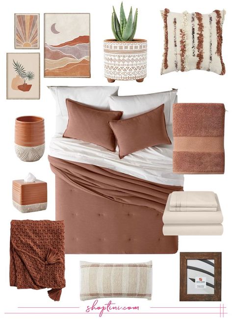 rust bedroom decor Bedding Rust Color, Bedroom Inspirations Rust Color, Bedroom With Rust Bedding, Master Bedrooms Decor Modern Boho, Mauve And Rust Bedroom, Earth Tone Bedroom Terracotta, Dark Clay Bedroom Ideas, Modern Boho Chic Bedroom Color Schemes, Boho Rust Bedding