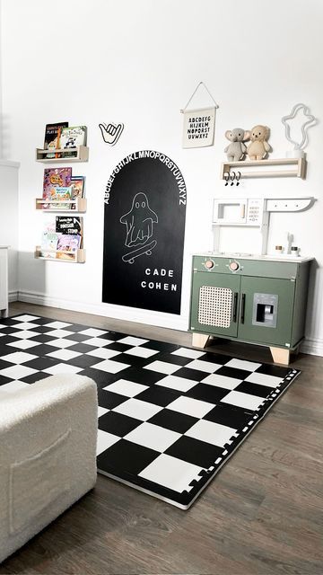 cherrypick 〰️ kids room decor & more on Instagram: "COOL KID ROOM ALERT 🚨 Love how our Magic Playwall makes a statement in this awesome playroom! The midnight colorway is bold and classic— and the perfect base for our new chalk crayons too!  📷: @ellefair_" Dark Moody Playroom, Stage In Playroom, Kids Room Play Area, Playroom Theme Ideas, Black Playroom, Monochrome Playroom, Boy Playroom Ideas, Boys Playroom Ideas, Black And White Playroom