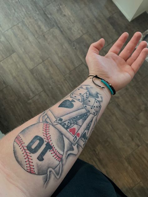 Baseball Tattoo, Baseball Tattoos, Dice Tattoo, Brian Dawkins, Card Tattoo, Small Tattoos For Guys, Forearm Tattoo, Arm Tattoos For Guys, Arm Tattoo