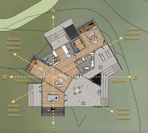 Miikana Prairie Home on Instagram: “As a passive solar design, the axes of our house are aligned with the compass and path of the sun throughout the year. The 30 degree angles…” Passive House Floor Plans, Solar Passive House, Passive House Plans, Passive Home, Passive Solar House Plans, Solar House Plans, Diy Tile Shower, Waterproof Wall Panels, Urban Rooms