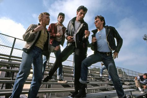 Head Greaser John Travolta and the T-Birds celebrate Summer Nights in Paramount Pictures’ musical “Grease.” #grease #1978 Sandy Grease Costume, T Birds Grease, Musical Grease, Grease Costume, Grease 1978, Sandy Grease, Grease Costumes, Grease Is The Word, Famous Musicals