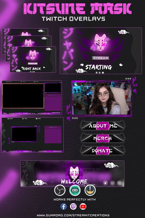 Kitsune Mask stream overlay pack to brand your stream! This overlay pack combines retro graphics with high quality animations and a cute vibrant color palette to please all pixel art lovers. This package contains all overlays you need to upgrade your Twitch channel: Animated Alerts, Screens, Webcam Overlays, Stinger Transitions, Panels & more! Purple Kitsune, Animated Header, Graphics Overlay, Facecam Overlay, Gaming Screen, Japanese Graphics, Twitch Streaming Setup, Stinger Transition, Kitsune Mask