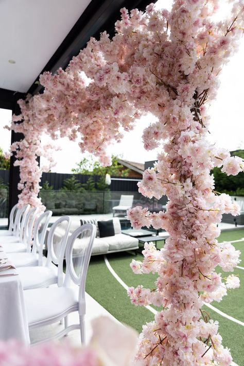 Cherry Blossom Decorations Party, Pink White Color Palette, Cherry Blossom Decorations, Asian Birthday, Cherry Blossom Wedding Decor, Cherry Blossom Wedding Theme, Garden Party Ideas, Cherry Blossom Party, Cherry Blossom Decor