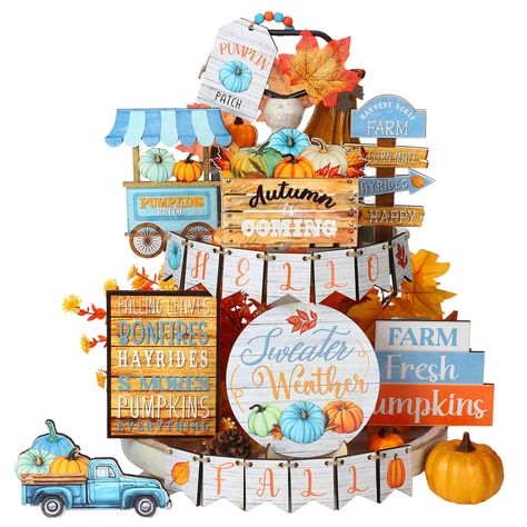 PRICES MAY VARY. Fall Tiered Tray Decors Set: the package comes with 1 set of fall wooden decorations, totally 22 pcs, sufficient and abundant, each of them are adorable and elegant, which are suitable for decorating your tiered trays in fall Lovely Elements of Fall: the fall tiered tray decor is printed with many cute and warm elements, the letters of [AUTUMN IS COMING], a truck loading pumpkins, lovely words about autumn and so on, will be warm and attractive decorations on fall Sturdy and Ser Wooden Fall Decor, Thanksgiving Tiered Tray, Tiered Tray Decorations, Pumpkin Patch Farm, Fall Tiered Tray Decor, Wooden Decorations, Pumpkin Truck, Rustic Wooden Sign, Harvest Table