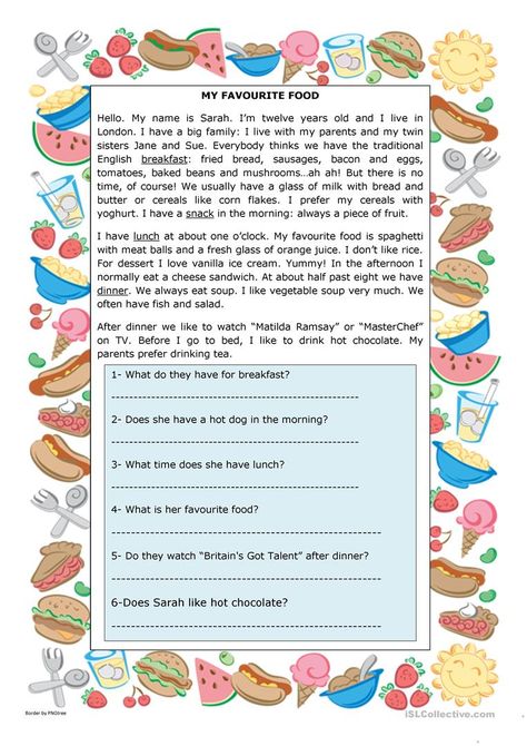 My Favourite Food - English ESL Worksheets for distance learning and physical classrooms Paragraph Worksheets, Esl Reading, Comprehension Exercises, My Favorite Food, Food Vocabulary, English Language Teaching, Comprehension Passage, English Lessons For Kids, Comprehension Worksheets