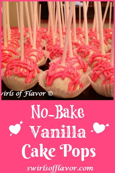 No-Bake Vanilla Cake Pops are a perfect last minute dessert for Valentine's Day or any special occasion. Store bought pound cake, frosting and white chocolate chips combine to make delicious sweet cake pops that you decorate for a delicious impressive dessert. #cakepops #nobake #easy #dessert #valentinesday #swirlsofflavor Pound Cake Frosting, Vanilla Cake Pops, Chocolate Covered Strawberry Cheesecake, Impressive Dessert, Vegan Truffles, Valentines Recipes Desserts, Keto Pumpkin Pie, Crustless Pumpkin Pie, Mint Chip Ice Cream