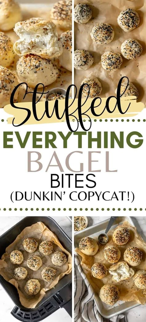 Skip the drive-thru with these homemade, grab and go stuffed everything bagel bites! With three ingredients, this recipe is a quick and easy Dunkin copycat that makes the perfect quick and easy breakfast option. Whether you call them bagel bites, bagel holes, or bagel bombs, all you'll need is 30 minutes, and an air fryer! Tortilla Bagel Bites, Homemade Stuffed Bagel Bites, Dunkin Bagel Minis Recipe, Everything Bagel Buns, Dunkin Bagel Bites, Everything Bagel Bits, Air Fryer Bagel Bites, Stuffed Bagel Bites Recipe, Bagel Bites In Air Fryer