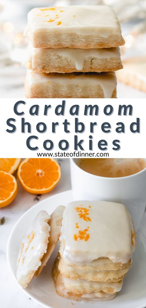 Plate of glazed square-shaped cookies stacked, with a cup of coffee and oranges next to it. Cardamom Shortbread, Cardamom Recipe, Orange Glaze, Glaze Recipe, Shortbread Cookies, Cookies Recipes Christmas, How Sweet Eats, Eat Dessert, Cookie Desserts