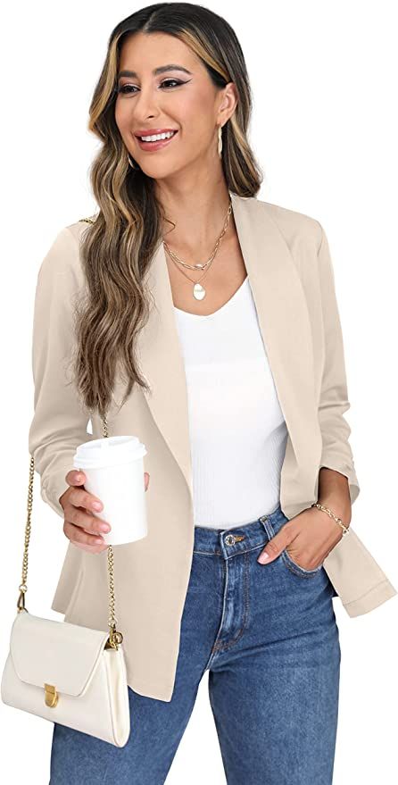 Beige Blazer with 3/4 length sleeves. Avilble in more colours! Long Blazer Outfit Casual, Blazer Beige Outfit Mujer, Beige Suits Women, Outfit Marzo, Cream Blazer Outfits For Women, Beige Blazer Outfits Women, Cream Jacket Outfit, Long Blazer Outfit, Cream Blazer Outfit