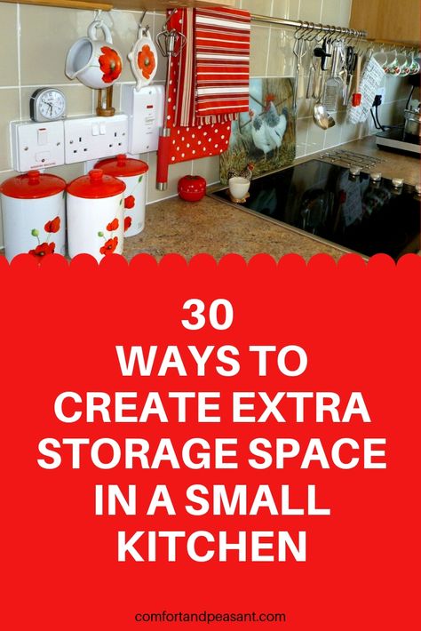 30 brilliant ideas & tips for how to create extra storage space in a small kitchen. #Dishes #Organization #Cupboards #Knives #Pots #Shelves #Homekeeping #Countertops #PotRacks #Pantry Organize A Small Kitchen, Small Cupboard, Comfortable Kitchen, Small Kitchen Organization, Small Kitchen Storage, Kitchen Hacks Organization, Inspire Me Home Decor, Little Kitchen, Storage Hacks