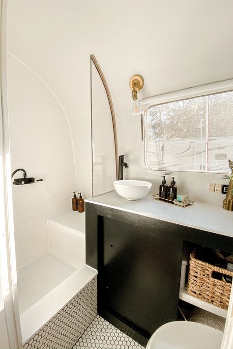 Micro Bathroom, Airstream Bathroom, House Van, Airstream Restoration, Airstream Living, Airstream Campers, Airstream Remodel, Airstream Interior, Bus Living