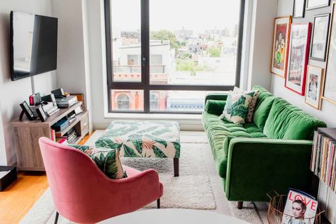 These Rainbow Colored Living Rooms Prove Life is Too Short for Gray Sofas | Apartment Therapy Designer Motivation, Glam Side Table, Green Sofas, Green Sofa Living, Green Sofa Living Room, Pink Armchair, Brass Dining Table, Neutral Sofa, Contemporary Decor Living Room