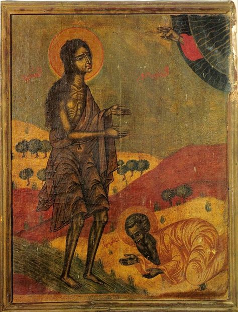 St. Mary of Egypt. Icon in paint and gold on wood. Syrian; circa the 1700s A.D. Location: The Monastery of Our Lady of Balamand, Lebanon.  Source: "The Icon: Its Meaning and History." By Mahmoud Zibawi. Translated into English from Italian by Patrick Madigan, OSB, and assisted by Madeline Beaumont. Published by Liturgical Press (Collegeville, Minnesota, United States), 1993; ISBN 0-8146-2264-X. Plate 72. St Mary Of Egypt Icons, Mary Of Egypt, St Mary Of Egypt, St Maria, Eastern Orthodox Church, Agnus Dei, Russian Icons, Byzantine Icons, Best Icons