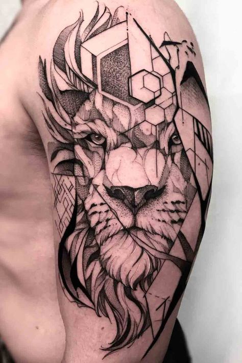 Lion Tattoos For Men, Upper Arm Tattoos For Guys, Lion Shoulder Tattoo, Trash Polka Tattoos, Geometric Lion Tattoo, Trash Polka Tattoo Designs, Lion Tattoo Sleeves, Lion Tattoos, Mens Lion Tattoo