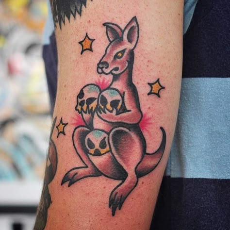 The Australian specialist of kangaroo tattoos, Mark Lording has been at it again with more fresh classic Australian tattoo designs. @marklording Australian Traditional Tattoo, Kangaroo Tattoo Design, Arm Tattoos Traditional, Posca Pen Ideas, Kangaroo Tattoo, Tattoos Of Animals, Naval Tattoos, Aboriginal Tattoo, Magpie Tattoo